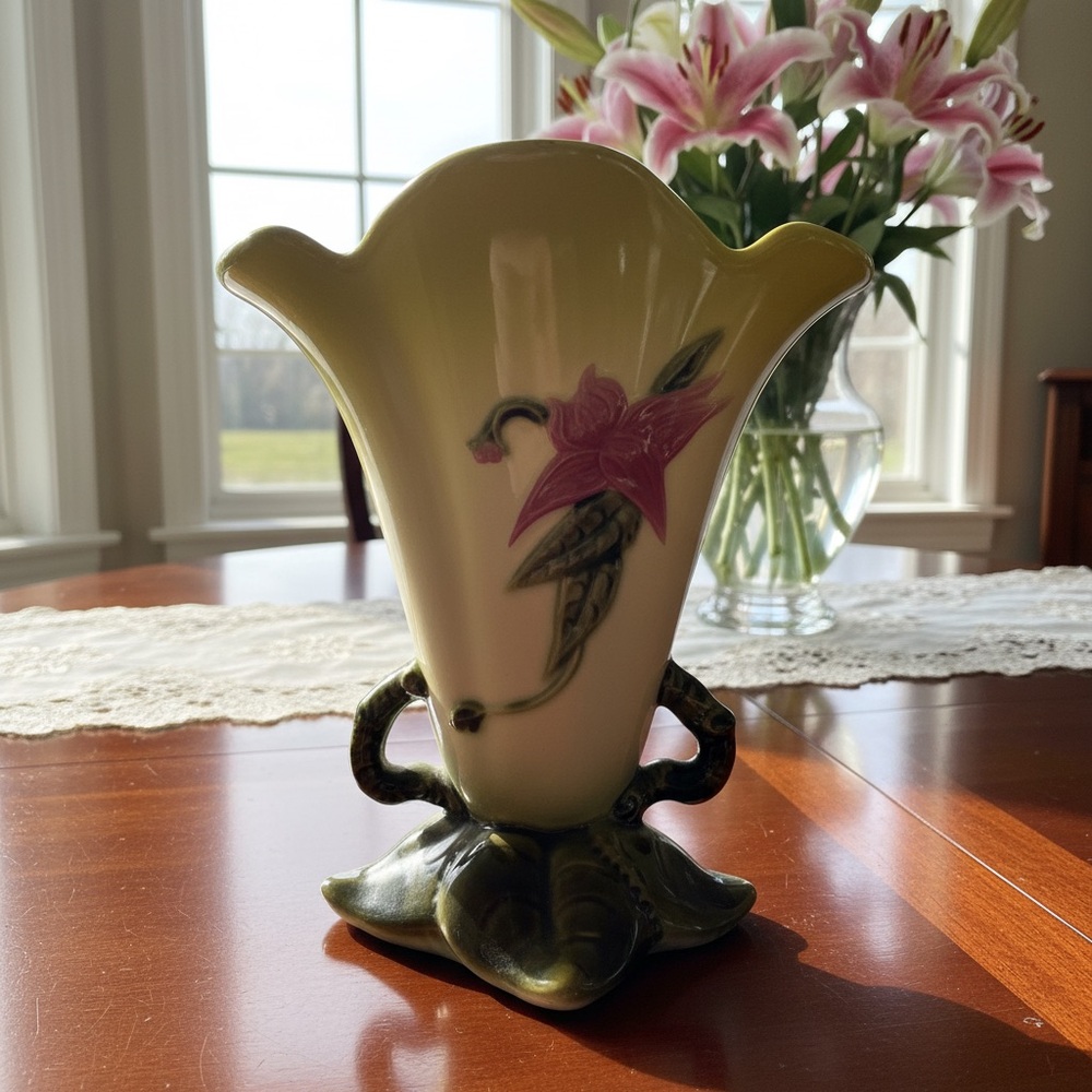 Hull 1950’s Chartreuse Woodland Fluted Edge 8 3/4 inch Ceramic Vase